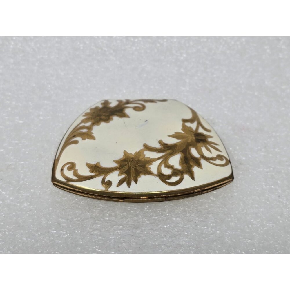 Vintage Elgin American Gold-Tone Compact Mirror Intricate Floral Design USA